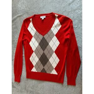 VTG St Johns Bay Sweater Womens M Red Diamond V Neck Pullover Jumper Golf 90s